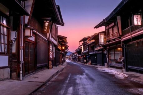 Narai, a traditional village along the Nakasendo Trail, at dusk. Photo by Jill Smith