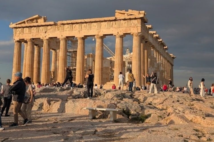 The east end of the Parthenon with construction cranes and interior scaffolding during restoration. Photo by Frank Hosek