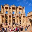 The Library of Celsus is 56 feet high and 69 feet wide, featuring a two-story colonnaded porch. It’s intricately decorated with reliefs, statues, and columns. The columns at the sides are shorter than the ones in the middle, giving the illusion that the building is actually bigger than it is. Photo by Frank Hosek