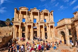 The Library of Celsus is 56 feet high and 69 feet wide, featuring a two-story colonnaded porch. It’s intricately decorated with reliefs, statues, and columns. The columns at the sides are shorter than the ones in the middle, giving the illusion that the building is actually bigger than it is. Photo by Frank Hosek