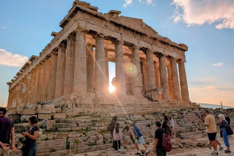 The Parthenon, an ancient marble temple on the Acropolis of Athens, Greece, dedicated to the goddess Athena. Photo by Frank Hosek