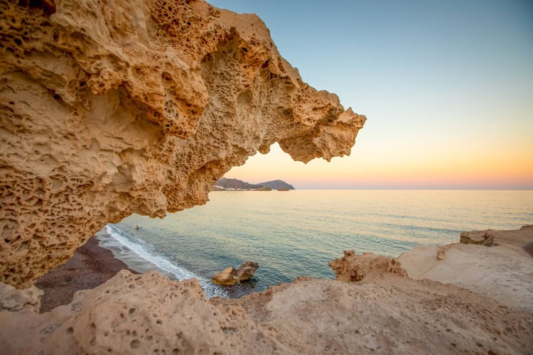View of Playa del Arco Beach from the top of fossilized dunes, which were formed 100,000 years ago, Los Escullos, Cabo de Gata Natural Park, Spain