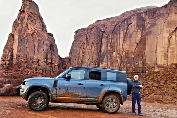 Scenic Drive at Navajo Code Talker Outpost with author Tab Hauser and his dirt-covered Land Rover. Photo by Tab Hauser