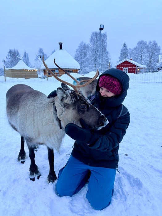 The author with Hilda at Kaatis Reindeer. Photo courtesy Janna Graber