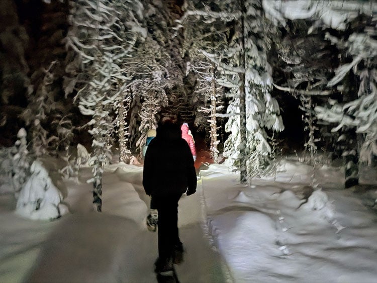 Winter hike at night in Swedish Lapland. Photo by Janna Graber