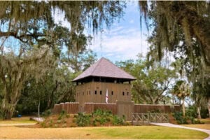 Fort Mose depicting the fort just before the Battle of Bloody Mose when it was attacked and captured by British redcoats and then retaken by a force that included free Black militia under the command of Captain Francisco Menendez. Photo by Rich Grant