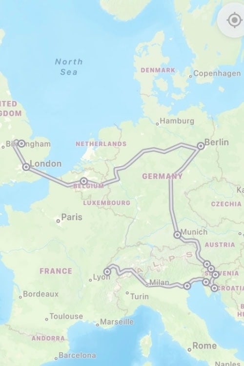 Interrail/Eurail trip map after completing the journey. Screenshot by Jessica Holmes