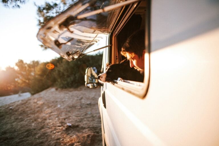 Man and dog looking out the window of a campervan. Photo by Elisabeth Jurenka, Unsplash