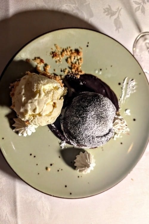 The chocolate molten cake with ice cream in Bordeaux. Photo by Kathy Hosek