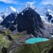A view from Sambunya pass (4760 m) looking at Jirishanca, Yerupaja, and Rasac snow-capped peaks and the emerald colored Solteracocha glacial lake. Photo by Enrique Divos