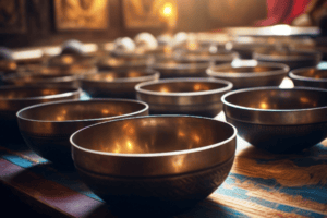 Tibetan Bowls lined up. Image by AliakSandra Salalaika dreamstime