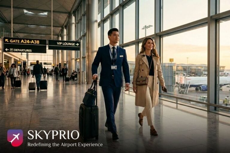 Fast-track service, A woman is accompanied through an airport by a man. Photo courtesy of SkyPrio