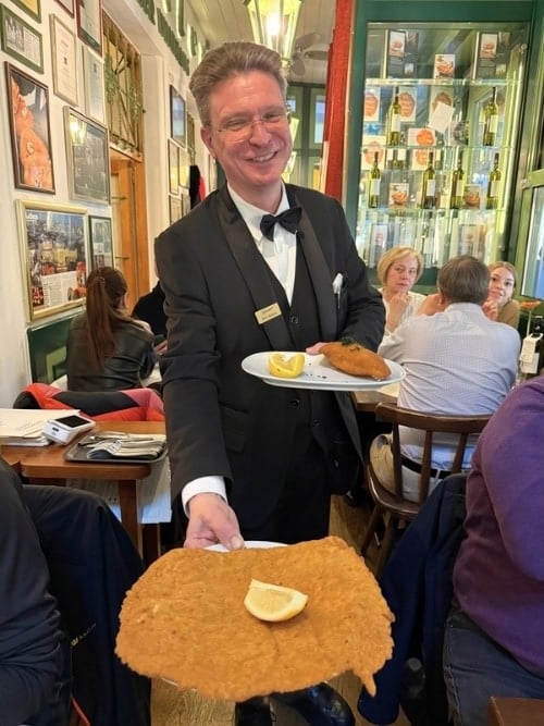 The oversized Wiener schnitzel at Figlmuller. Photo by Meryl Pearlstein