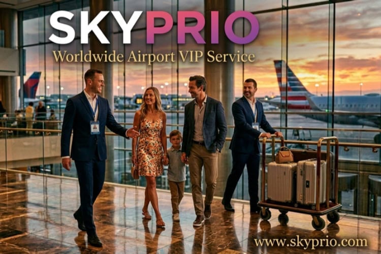 Full VIP assistance with porter, two adults with a child are assisted through the airport. Photo courtesy of SkyPrio