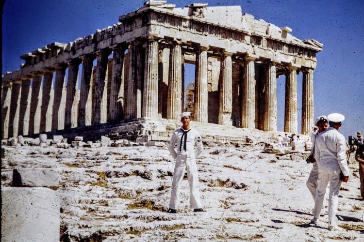 John Donald Hosek as a young Aerographer's Mate Second Class (AG2) stands before the Parthenon in 1948. From a 35mm slide.