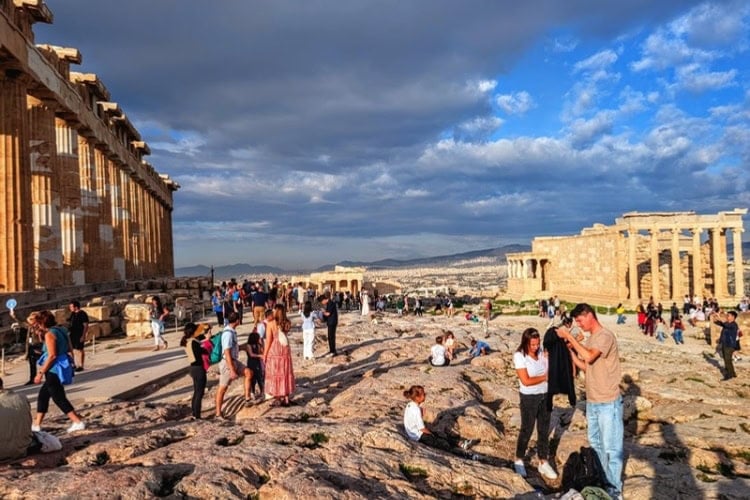 The three main, iconic structures of the Acropolis are the Parthenon (left), the Propylaea (center), and the Erechtheion (right). Photo by Frank Hosek