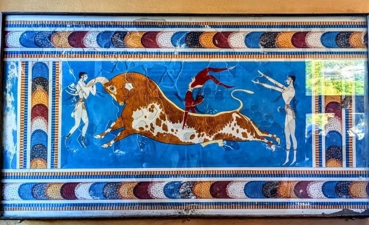 Bull-leaping fresco from the palace of Knossos. The bull played a central role in Minoan culture and is especially closely associated with Knossos. Photo by Frank Hosek
