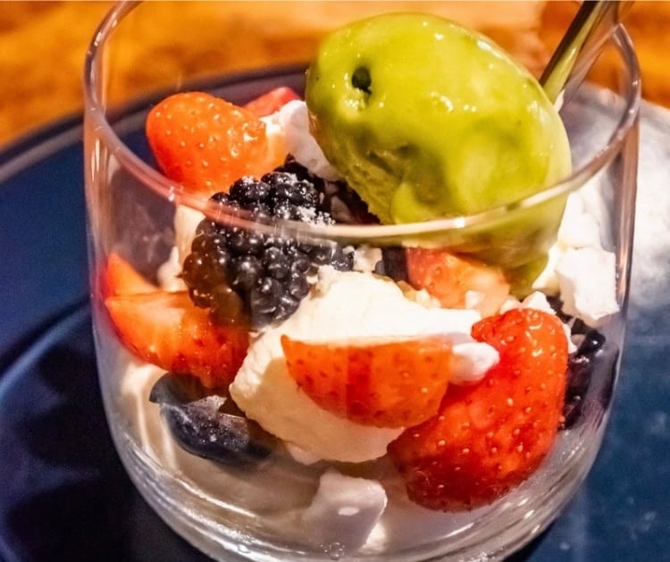 Chef Tom's Eton Mess topped with basil sorbet was one of my favorite desserts. Photo by Rose Palmer
