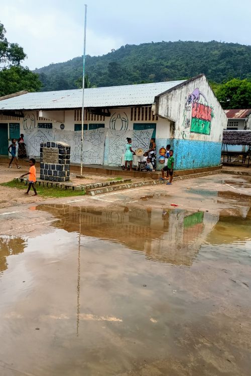 unoccupied school, water standing from last night's rain storm