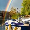A double rainbow frames the Magna Carta Barge as it is docked in Windsor. Photo by Rose Palmer Pinterest