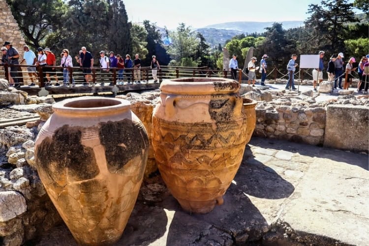 Pithoi (storage jars) used to store oil, wines, and grain products throughout Knossos. Over 150 were found in the West Magazines of the Palace of Knossos. Photo by Frank Hosek