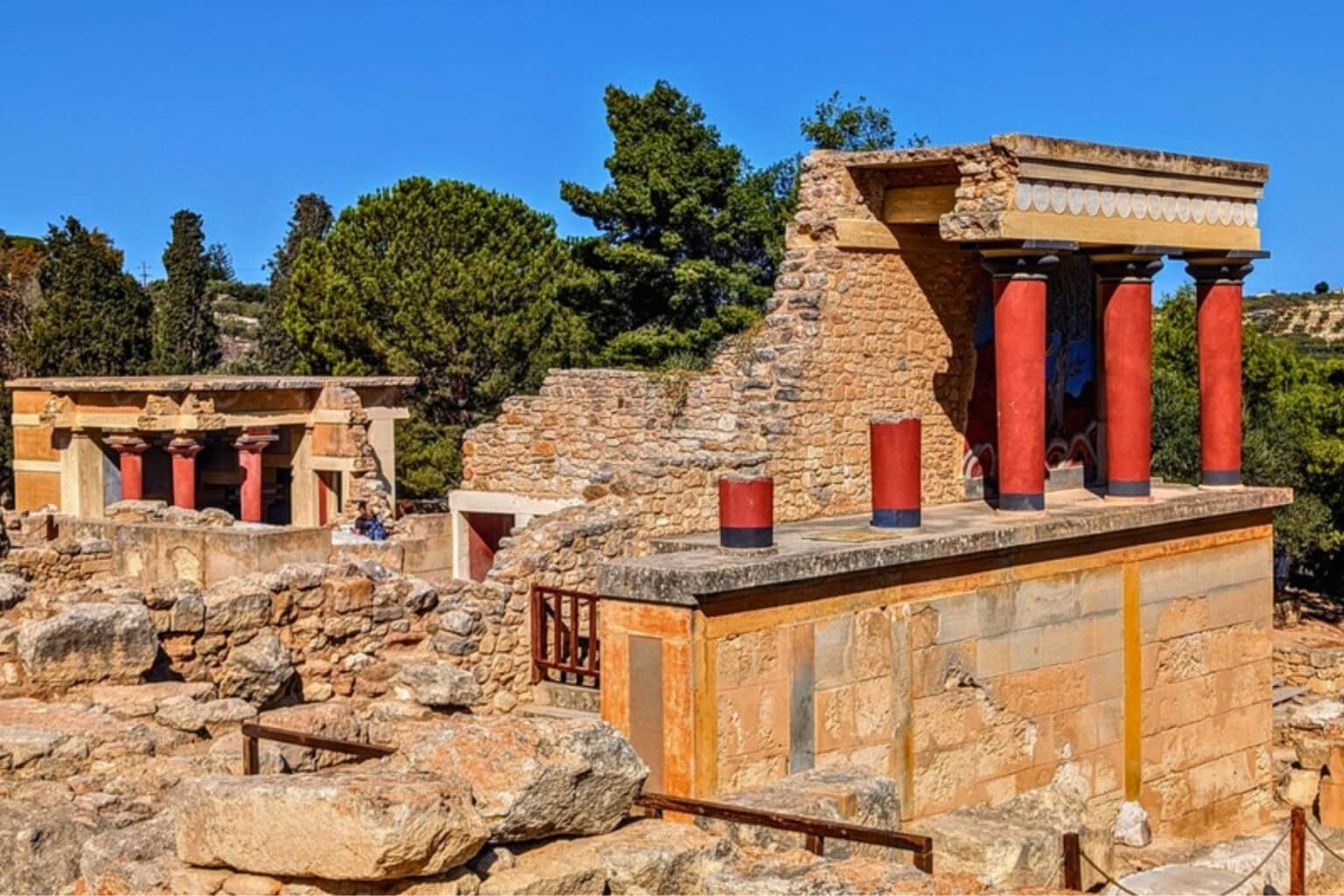 The colorful, partially reconstructed North Entrance of the Palace of Knossos. Photo by Frank Hosek