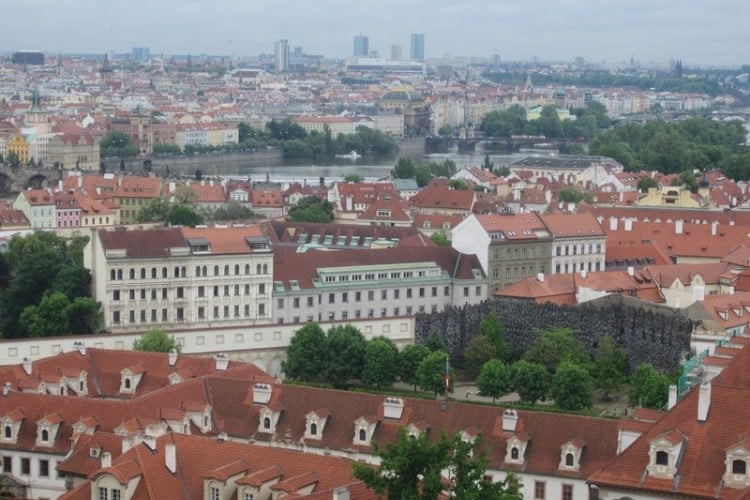 Vy&scaron;ehrad Hill with red rooftops stretching across the landscape. Photo by Brent Cassie