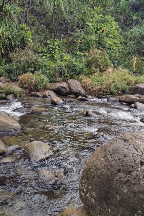 The rock-filled stream crossing that was about knee-deep on the Kalalau Trail. Photo by Karla Freimuth.
