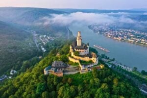 Viking's Longship, Mimir, sails past castles on the Rhine. Photo courtesy Viking