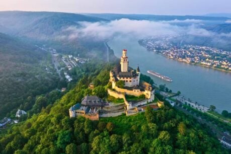 Viking's Longship, Mimir, sails past castles on the Rhine. Photo courtesy Viking