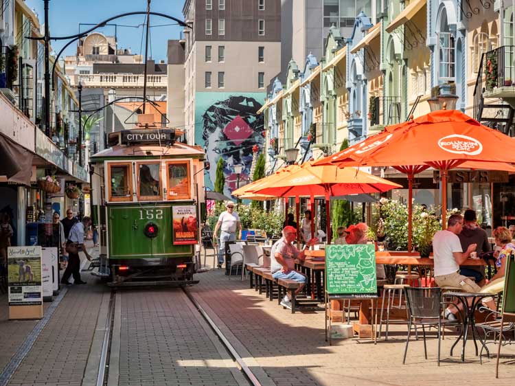 The tram on New Regent Street in Christchurch, New Zealand. Photo by iStock/travellinglight