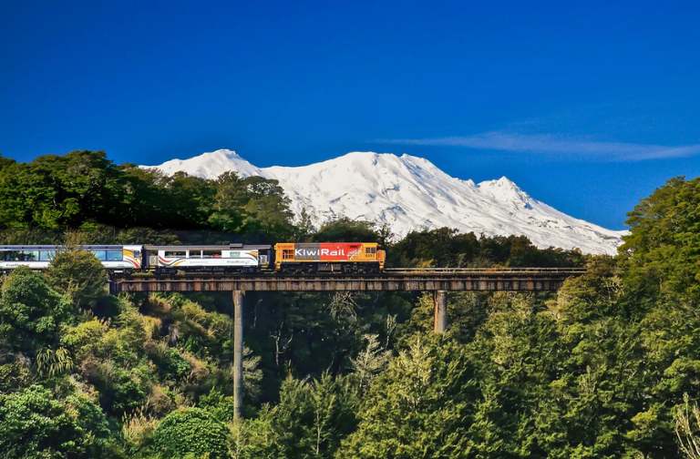 The Northern Explorer in front of Ruapehu. Photo courtesy Great Journeys New Zealand