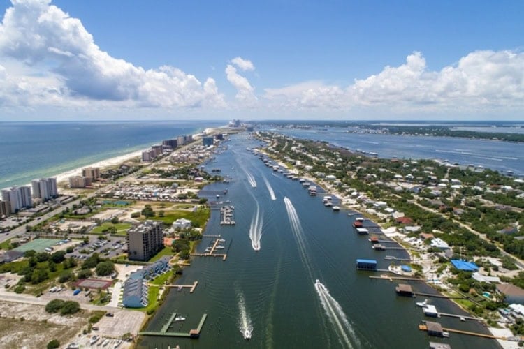 Aerial view of Perdido Key Beach in Pensacola, Florida, and Ono Island in Orange Beach, Alabama. Photo by George Dodd, iStock