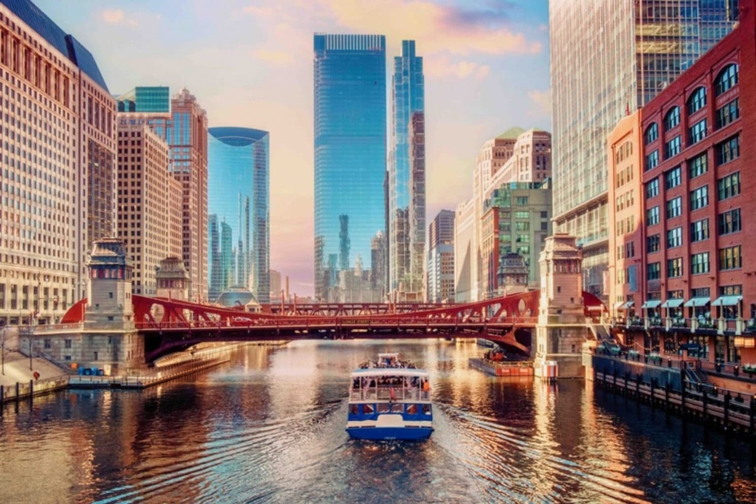 A tourist cruise glides through Chicago's riverside architecture. Photo courtesy of Choose Chicago