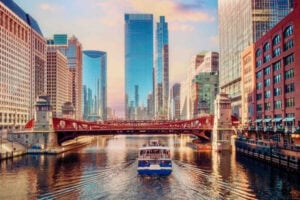 A tourist cruise glides through Chicago's riverside architecture. Photo courtesy of Choose Chicago