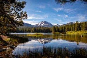 Lassen Peak reflects in Manzanita Lake at Lassen Volcanic National Park in California. Photo by Teri K. Miller