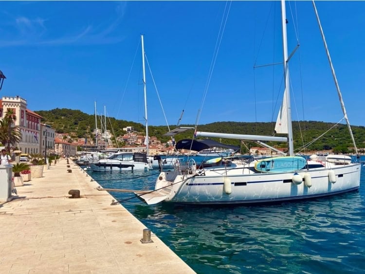 Docked at the Riva at Vis. Photo by Rob Rogers