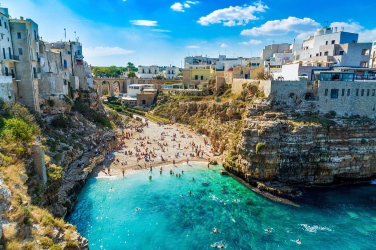 Scenic view of Lama Monachile Cala Porto beach in Polignano a Mare, Puglia. Photo by Michal Ludwiczak via iStock