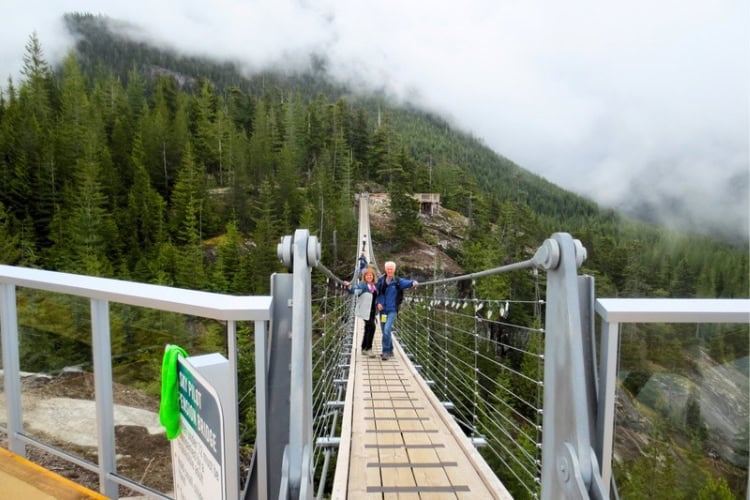 Brent and I cautiously cross the Sky Pilot Suspension Bridge. Photo by Brent Cassie