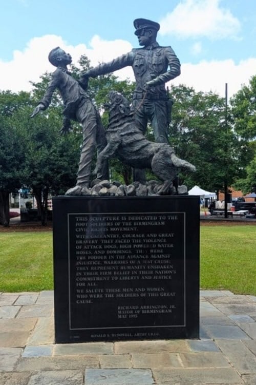 Statue in Kelly Ingram Park depicting police violence during civil rights protests. Photo by Keri G.