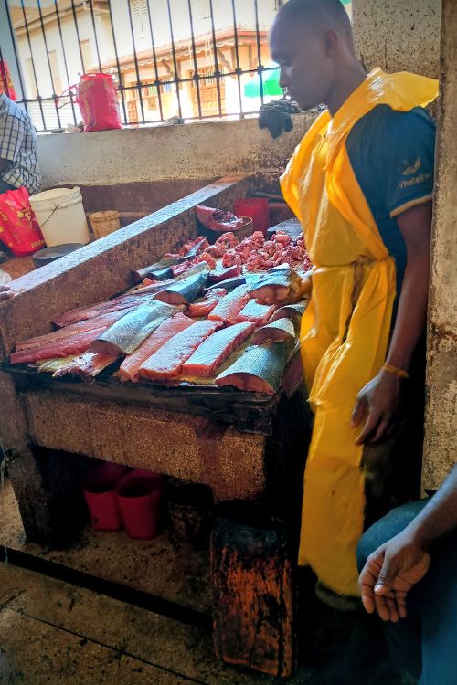 The daily fish market is crowded with fishermen, fresh catch and customers