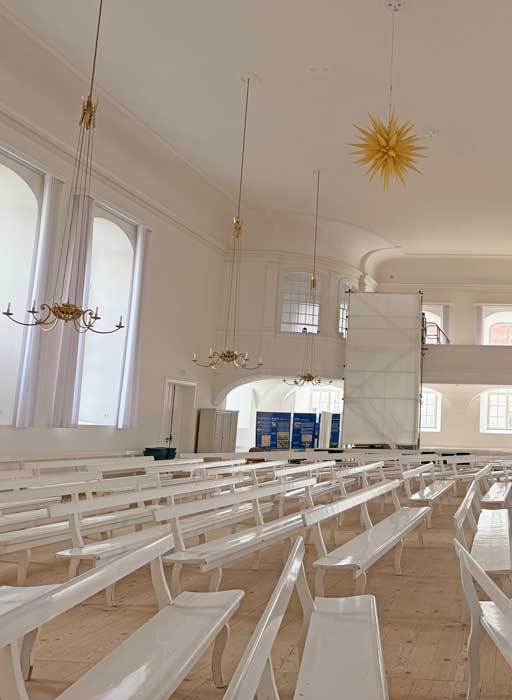The Herrnhut Star hanging in the Moravian Church of Herrnhut was handmade by the parishioners. Photo by Janna Graber