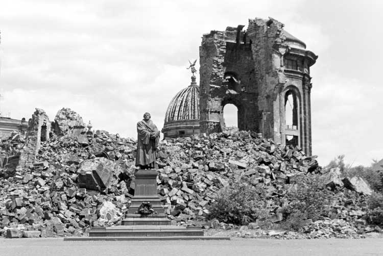 Ruins of Dresden's Frauenkirche after being destroyed by bombing in WWII. Photo by iStock/Hermsdorf