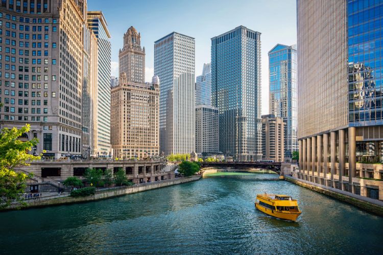 Chicago river with ferry boat