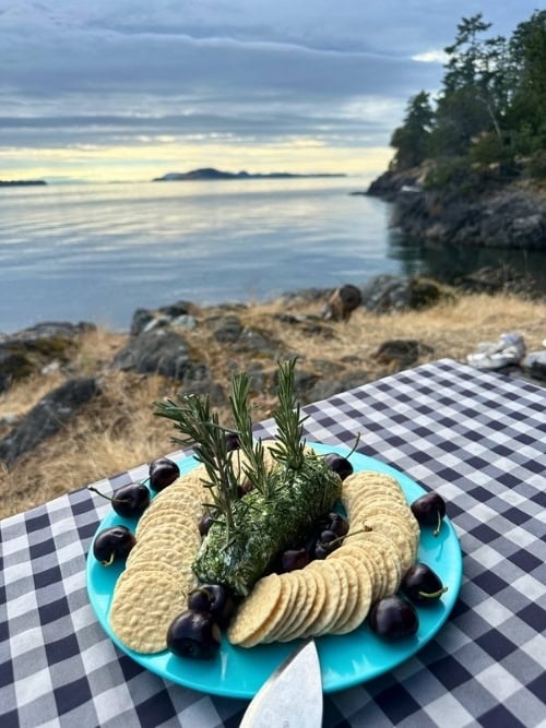 A gourmet cracker tray on a checked tablecloth with the ocean in the background. Photo by Teresa Bergen