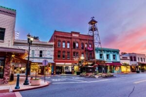 Main Street storefronts in Placerville at dusk. Photo courtesy of Visit El Dorado