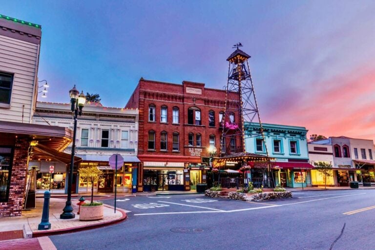 Main Street storefronts in Placerville at dusk. Photo courtesy of Visit El Dorado