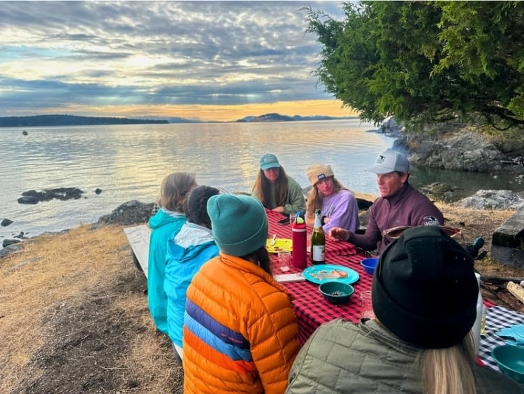 Dressed for dinner in our puffy jackets by the ocean. Photo by Teresa Bergen