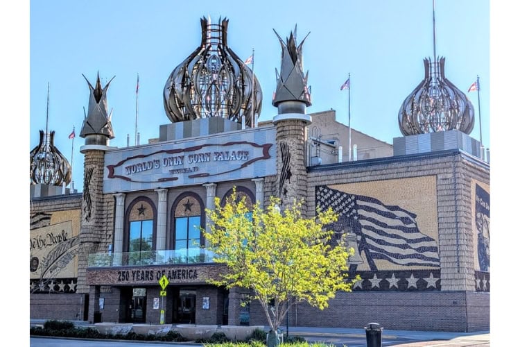 The World's Only Corn Palace in Mitchell, redecorated annually with naturally colored corn, grains, and native grasses, celebrating America's birthday this year. Photo by Frank Hosek
