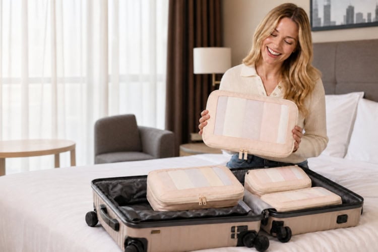 A traveler unpacking a set of BAGAIL packing cubes in a hotel room. Photo courtesy of BAGAIL